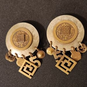 Vintage Earring Designer BAER Clipon Bronze Metalware Art Chinese Coin